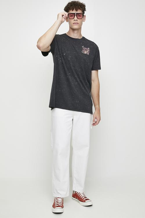 Oversized Crew Neck T-Shirt  - Jet Black Acid Wash/Multi Colour Print