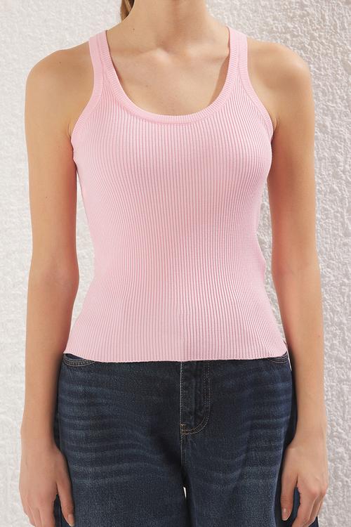 Crew Neck Basic Knitwear Tank - Pink