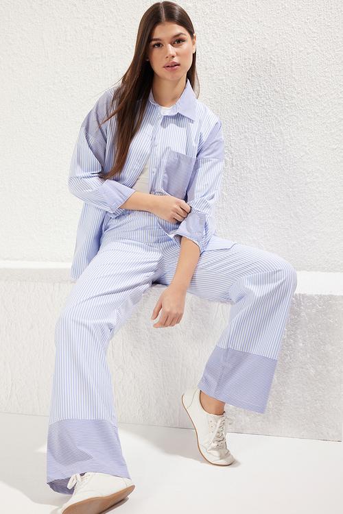 Oversize Striped Pocket Detailed Woven Bottom-Top Suit Set - Blue