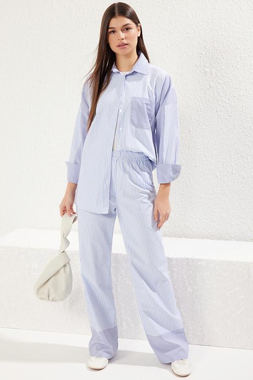 Oversize Striped Pocket Detailed Woven Bottom-Top Suit Set - Blue
