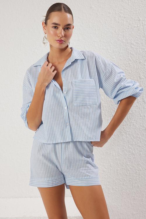 Striped Shirt and Shorts Beach Set - White-Blue