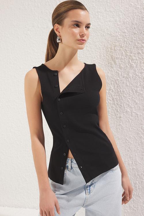 Button Asymmetrical Fitted/Slim Fit Ribbed Stretch Knit Blouse - Black