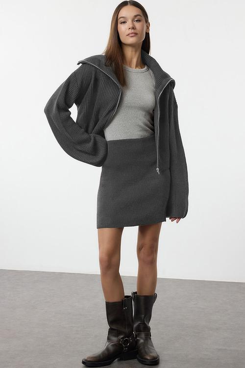 Collar Knitwear Bottom-Top Set  - Anthracite