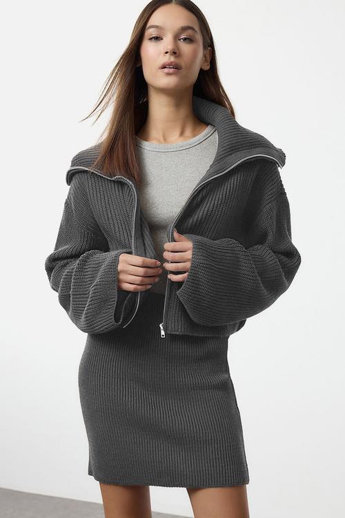 Collar Knitwear Bottom-Top Set  - Anthracite