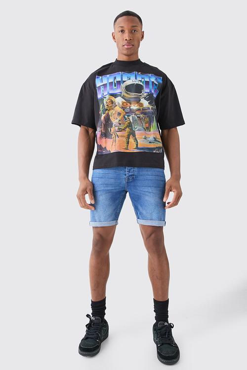 Skinny Stretch Denim Shorts In Mid Blue - Mid Blue