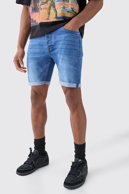 Skinny Stretch Denim Shorts In Mid Blue - Mid Blue