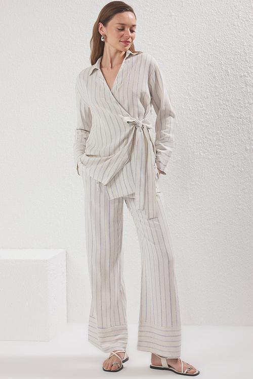 Striped Linen Wrap Shirt and Pants Set - Beige