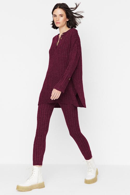 Corded Wide Fit Knitwear Bottom-Top Set - Bordeaux