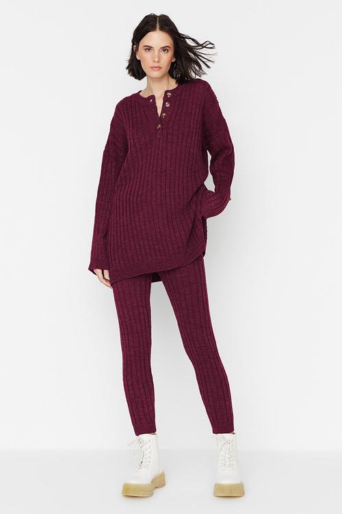 Corded Wide Fit Knitwear Bottom-Top Set - Bordeaux