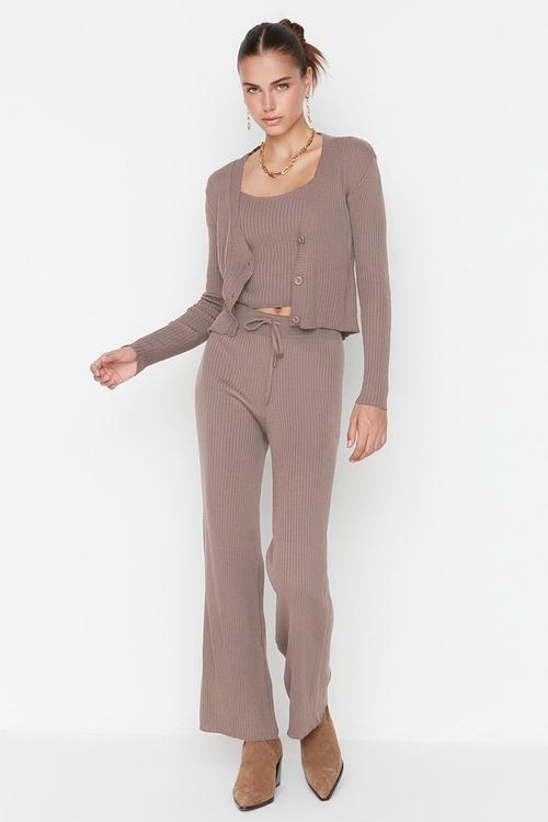 Fitillli Blouse Cardigan Pants Knitwear Bottom-Top Set  - Mink