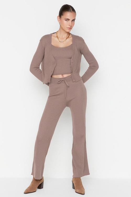Fitillli Blouse Cardigan Pants Knitwear Bottom-Top Set  - Mink
