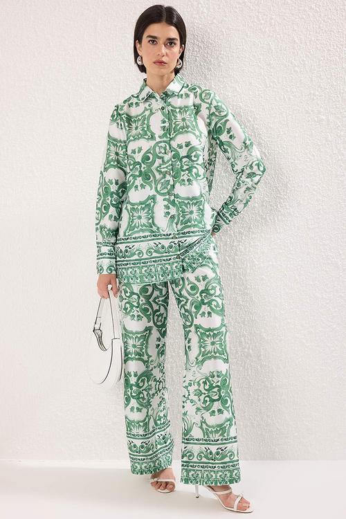 Patterned Satin Woven Bottom-Top Set - Mint
