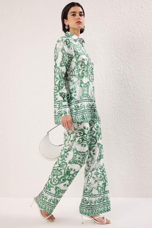 Patterned Satin Woven Bottom-Top Set - Mint