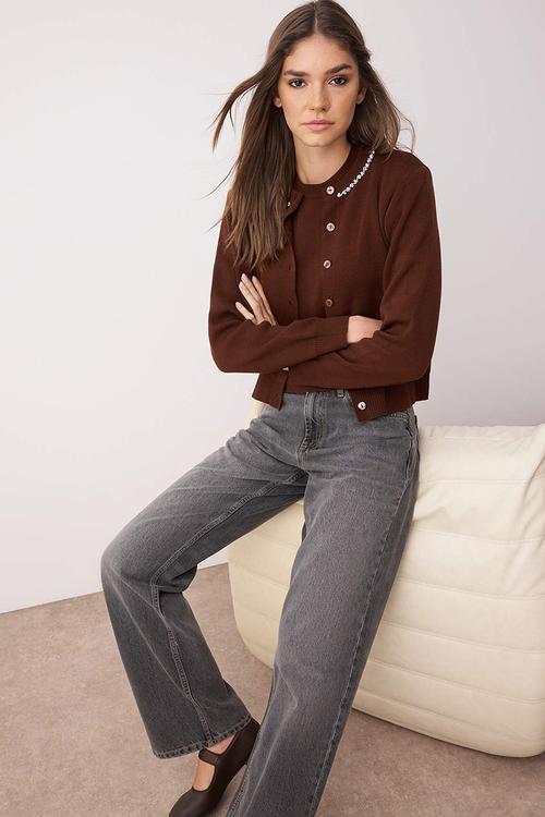 Detailed Soft Textured Double Knitwear Cardigan-Blouse - Brown