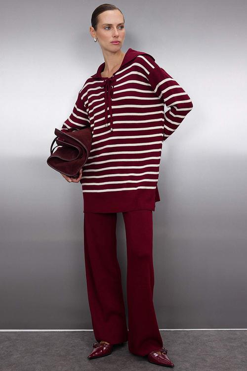 Striped Collar Binding Detailed Sweater-Pants Knitwear Top and Bottom Set - Bordeaux