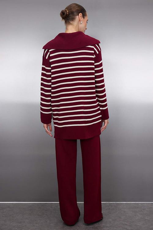 Striped Collar Binding Detailed Sweater-Pants Knitwear Top and Bottom Set - Bordeaux