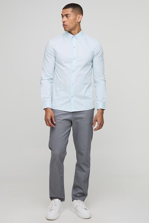Slim Fit Basic Long Sleeve Collared Shirt - Light Blue