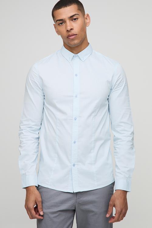Slim Fit Basic Long Sleeve Collared Shirt - Light Blue