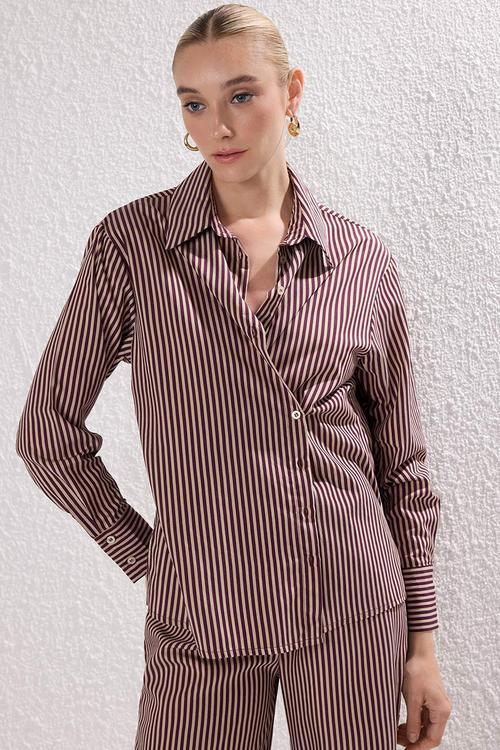 Striped Woven Button Closure Shirt Pants Bottom-Top Suit Set - Bordeaux