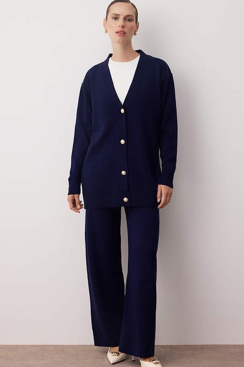 Pearl Button Cardigan-Pants Knitwear Bottom-Top Set - Navy Blue