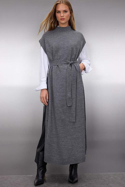 Button Detailed Knitwear Sweater Dress - Grey