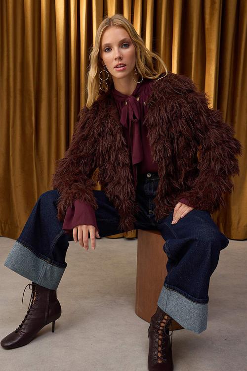 Coat Look Wide Fit Tassel Detailed Soft Textured Knitwear Cardigan - Brown
