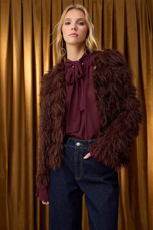 Coat Look Wide Fit Tassel Detailed Soft Textured Knitwear Cardigan - Brown