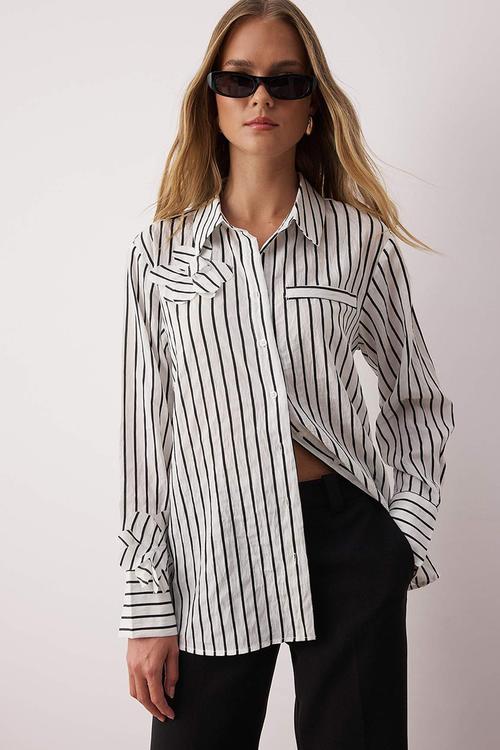 Collar Floral Detailed Striped Shirt - White