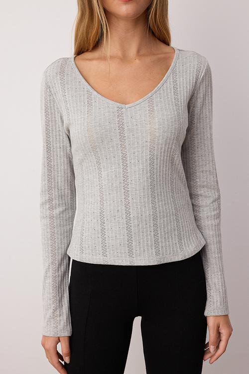 Slim Fit Pointel V Neck Slim Fit Stretchy Knitted Blouse - Grey Melange