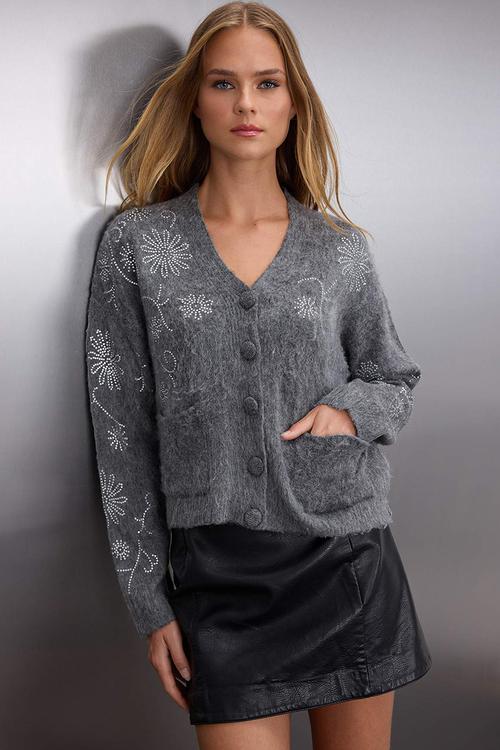 Soft Texture Wide Fit Stone Embroidered Knitwear Cardigan - Dark Grey