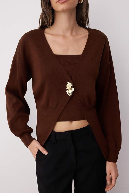 Button Detailed 2-Piece Viral Knitwear Cardigan-Blouse Set - Brown