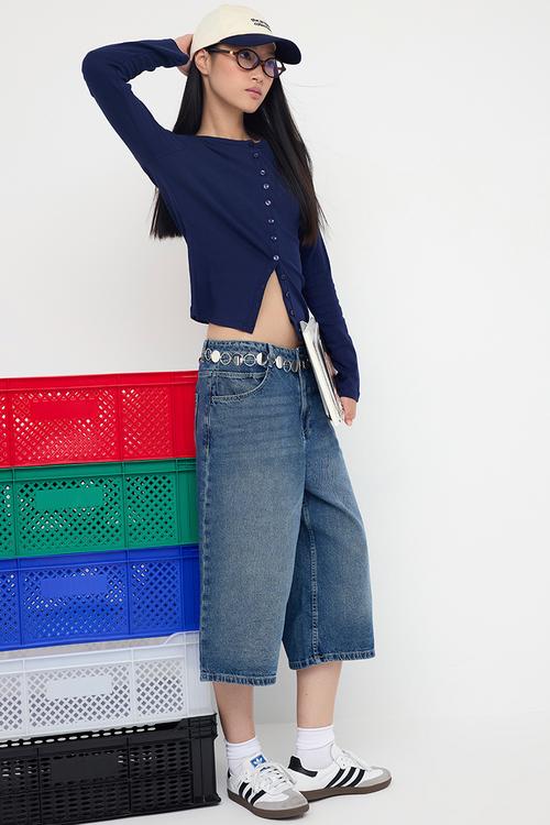 Buttoned Bodycon Stretchy Knitted Blouse - Navy Blue