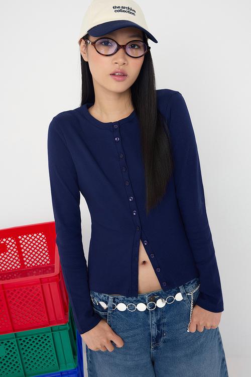 Buttoned Bodycon Stretchy Knitted Blouse - Navy Blue