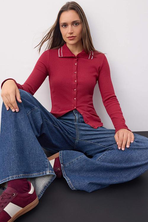 Piping Detailed Slim/Fitted Knitted Blouse - Burgundy