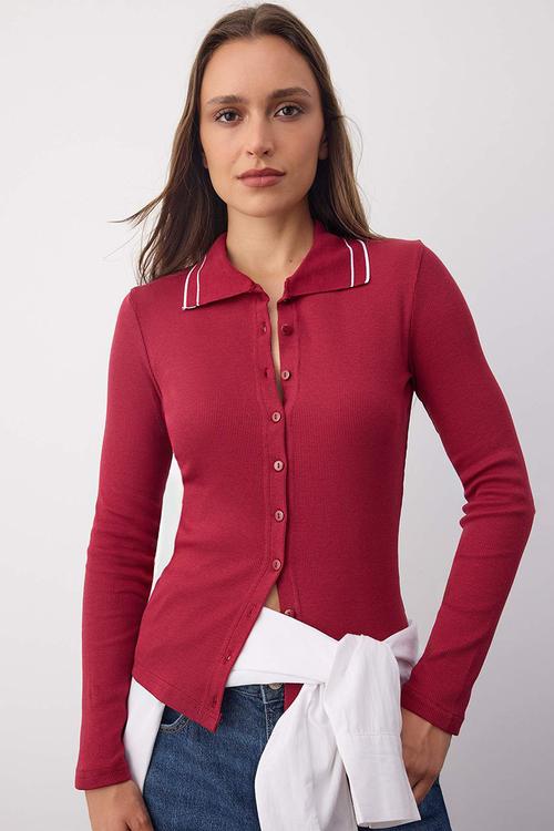 Piping Detailed Slim/Fitted Knitted Blouse - Burgundy