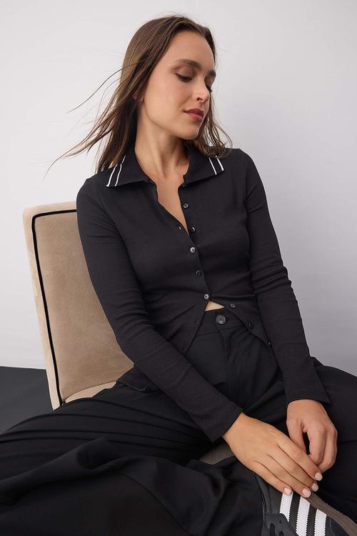 Piping Detailed Slim/Fitted Knitted Blouse - Black
