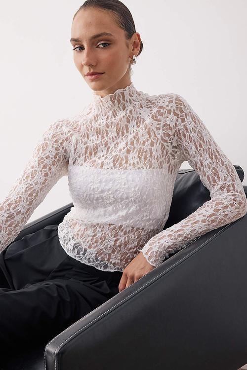 Fitted/Slim Fit Raglan Sleeve Lace Stretch Knitted Blouse - Ecru