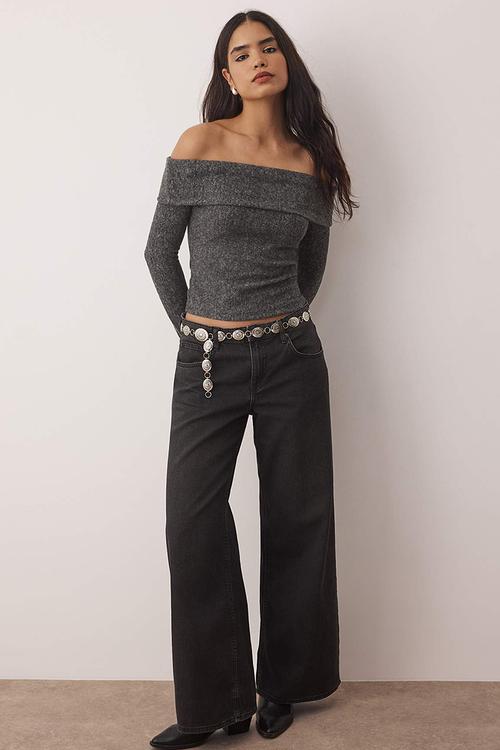 Carmen Collar Fitted/Slim Fit Knitted Blouse  - Anthracite