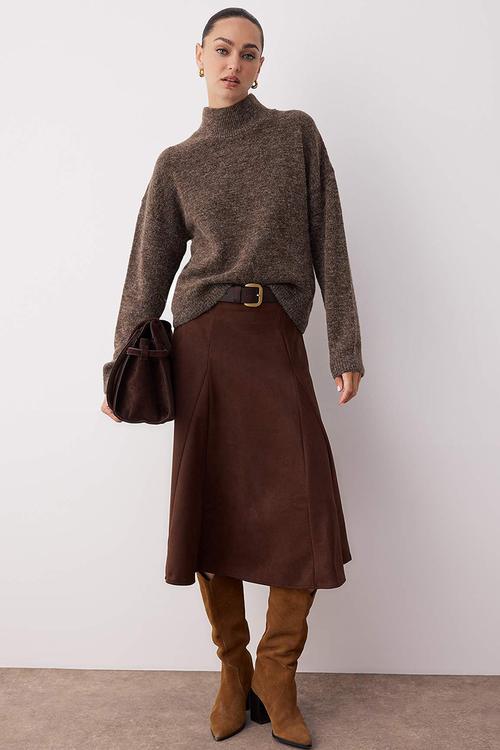 A-Line Woven Suede Midi Skirt  - Brown