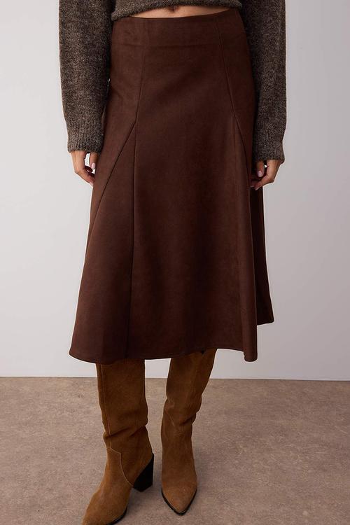 A-Line Woven Suede Midi Skirt  - Brown