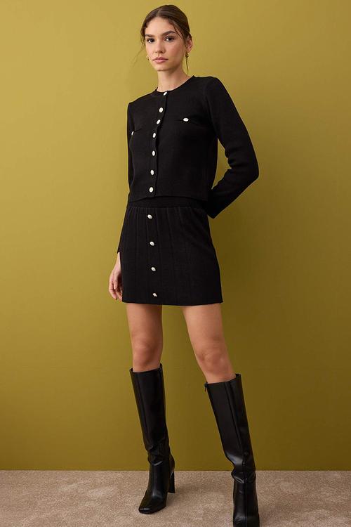 Crop Soft Textured Cardigan-Skirt Knitwear Bottom - Top Set - Black