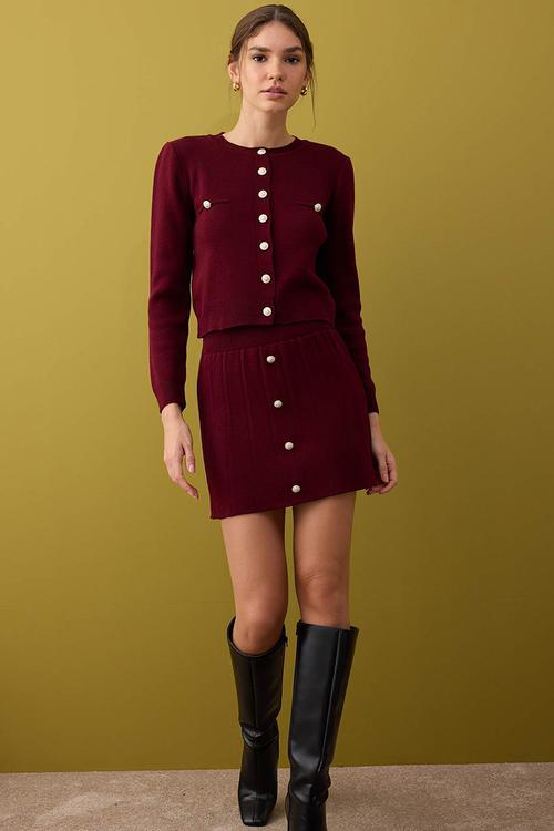 Crop Soft Textured Cardigan-Skirt Knitwear Bottom - Top Set - Bordeaux