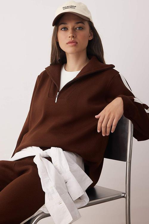 Zipper Stand Collar Sweater-Pants Knitwear Bottom - Top Set - Brown