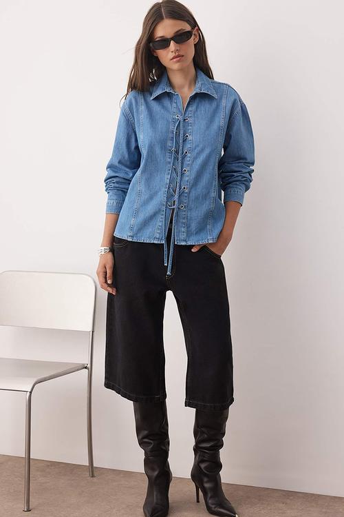 Eyelet Lacing Detailed Denim Shirt - Blue