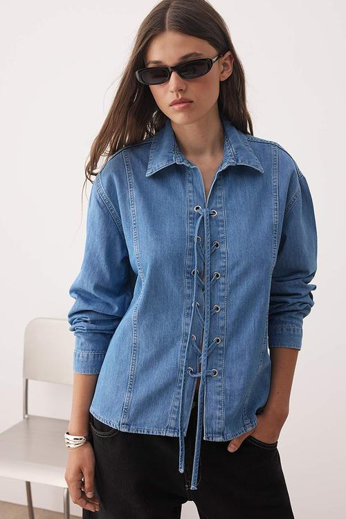 Eyelet Lacing Detailed Denim Shirt - Blue