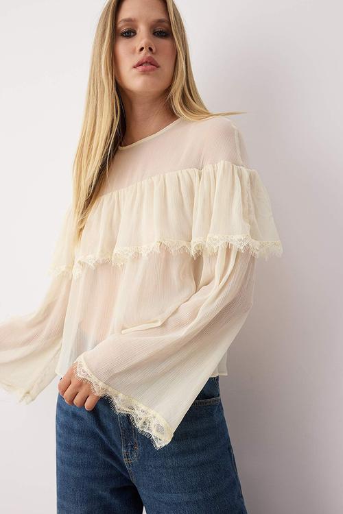 Chiffon Lace Detailed Round Neck Woven Blouse - Ecru