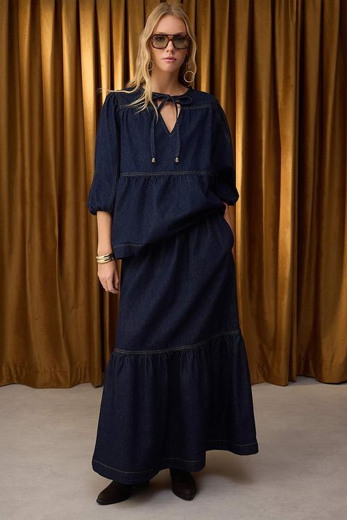 Maxi Flounced Elastic Waist Denim Skirt - Dark blue