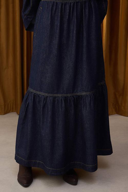 Maxi Flounced Elastic Waist Denim Skirt - Dark blue