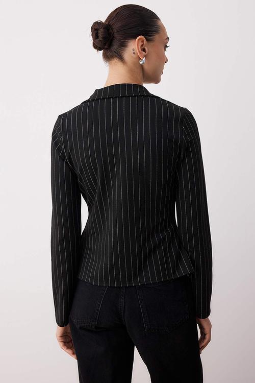 Striped Polo Neck Agraft Ftited/Fitted Stretch Knitted Blouse - Black
