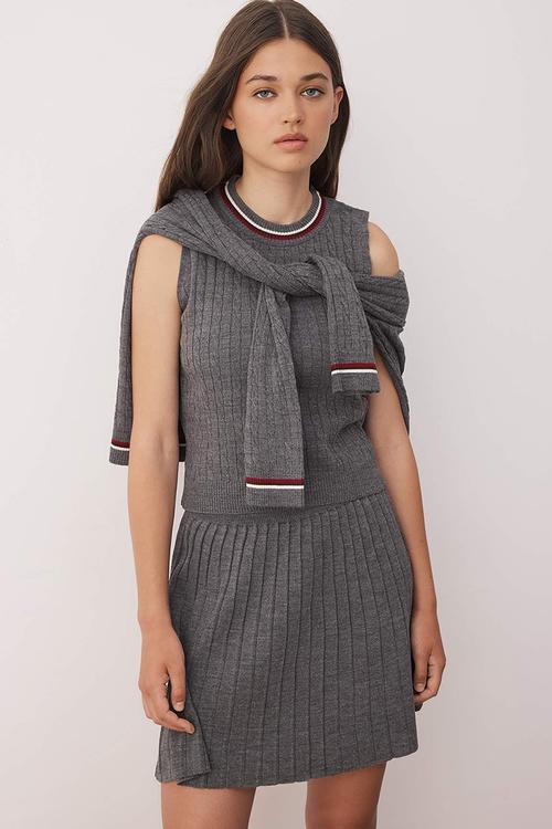 Special Yarn Cardigan-Blouse-Skirt Knitwear Suit Set - Anthracite